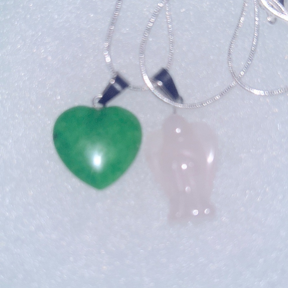 Boho Rose Quartz Crystal Angel and Jade Heart Sterling Silver Necklace 24”